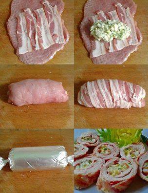 Duplán baconös karajszeletek zöld fűszeres mackósajt