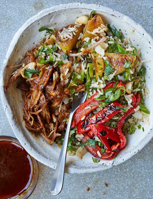 Pineapple and cashew rice salad with hula pork